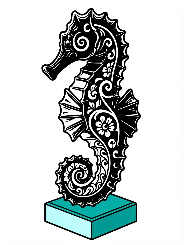 Cavalo-marinho preto em estilo de arte linear com padrões espirais e detalhes florais na cauda, sobre base quadrada teal, fundo branco puro.