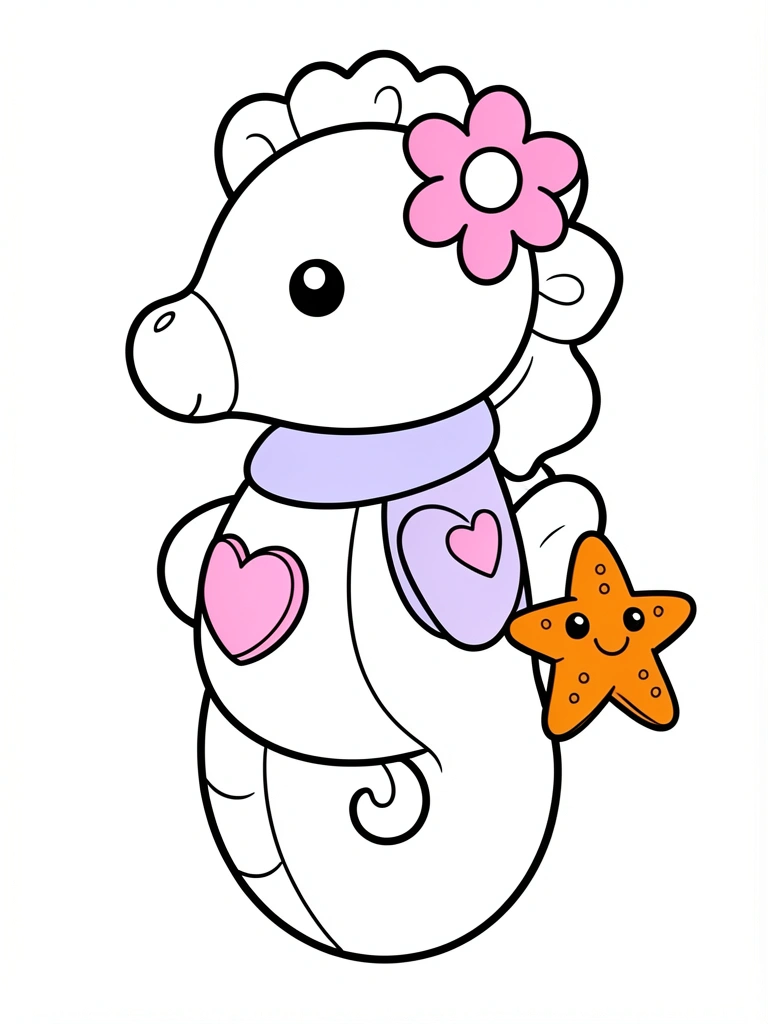 Desenho em preto e branco de um cavalo-marinho de pelúcia segurando uma estrela-do-mar com a cauda.