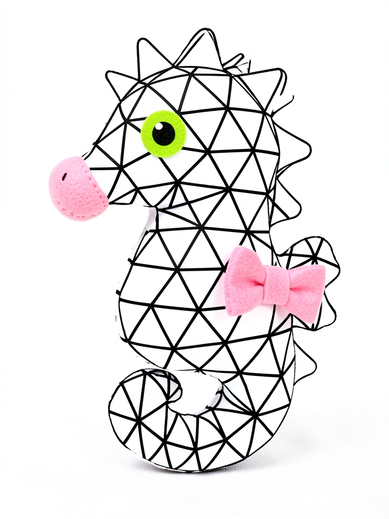 Cavalo-marinho de pelúcia com padrão geométrico de triângulos, detalhes em feltro, olho redondo, nariz e laço rosa na cauda, sobre superfície texturizada.