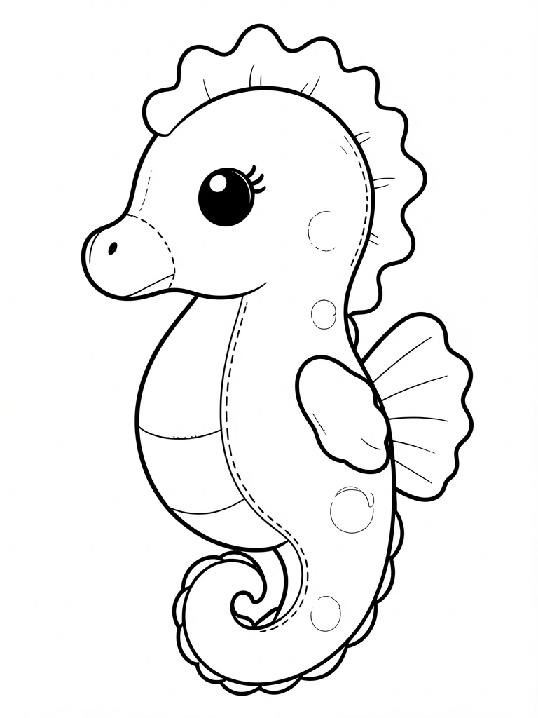 Cavalo-marinho de pelúcia em estilo line art, com barbatana dorsal, barriga arredondada e cauda curvada, olhos grandes e nariz preto, sobre fundo branco.