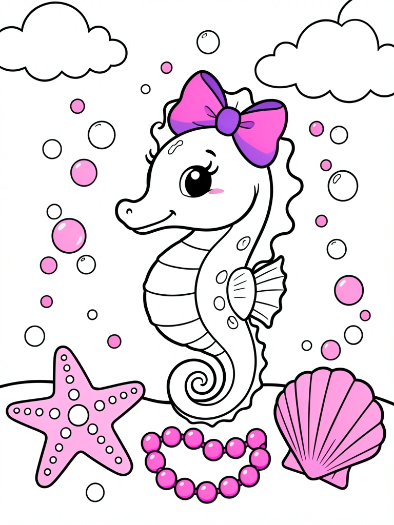Cavalo-marinho cartoon com laço rosa, estrela-do-mar, concha e pérolas, bolhas e nuvens, traços pretos, fundo branco.