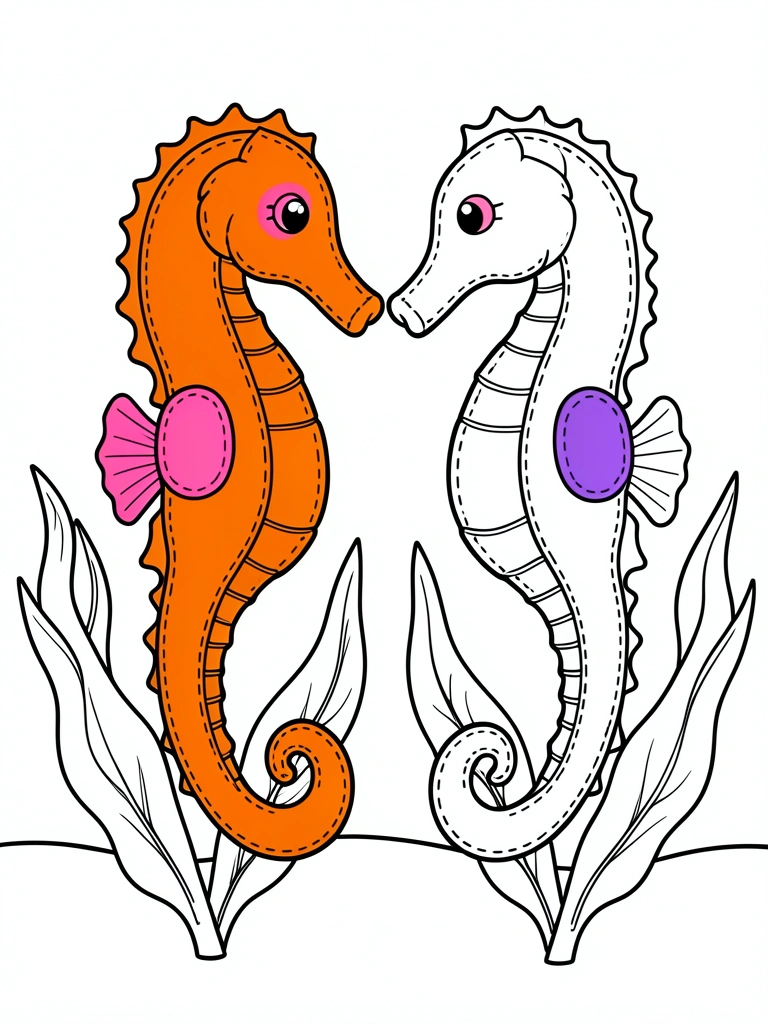 Dois cavalos-marinhos de feltro laranja e cinza com detalhes costurados, olhos rosa e selas coloridas, caudas fluidas como algas, fundo branco puro.