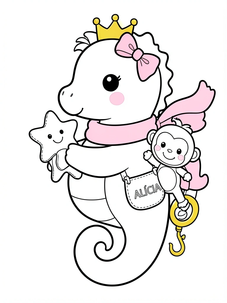Cavalo-marinho rosa fofo de pelúcia segurando estrela-do-mar e macaco, coroa dourada, laço e cachecol rosa, bolsa com nome 
