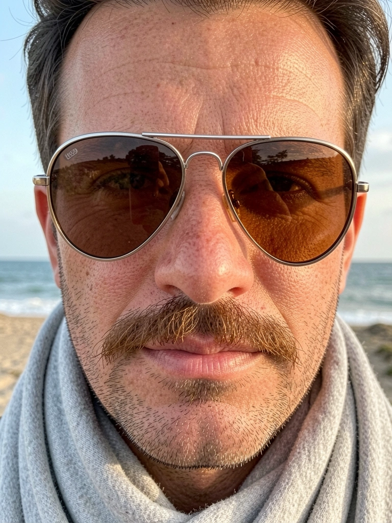 Close-up de homem com óculos aviador de armação prateada e lentes marrons, bigode aparado e cachecol cinza claro, luz natural suave ao ar livre.