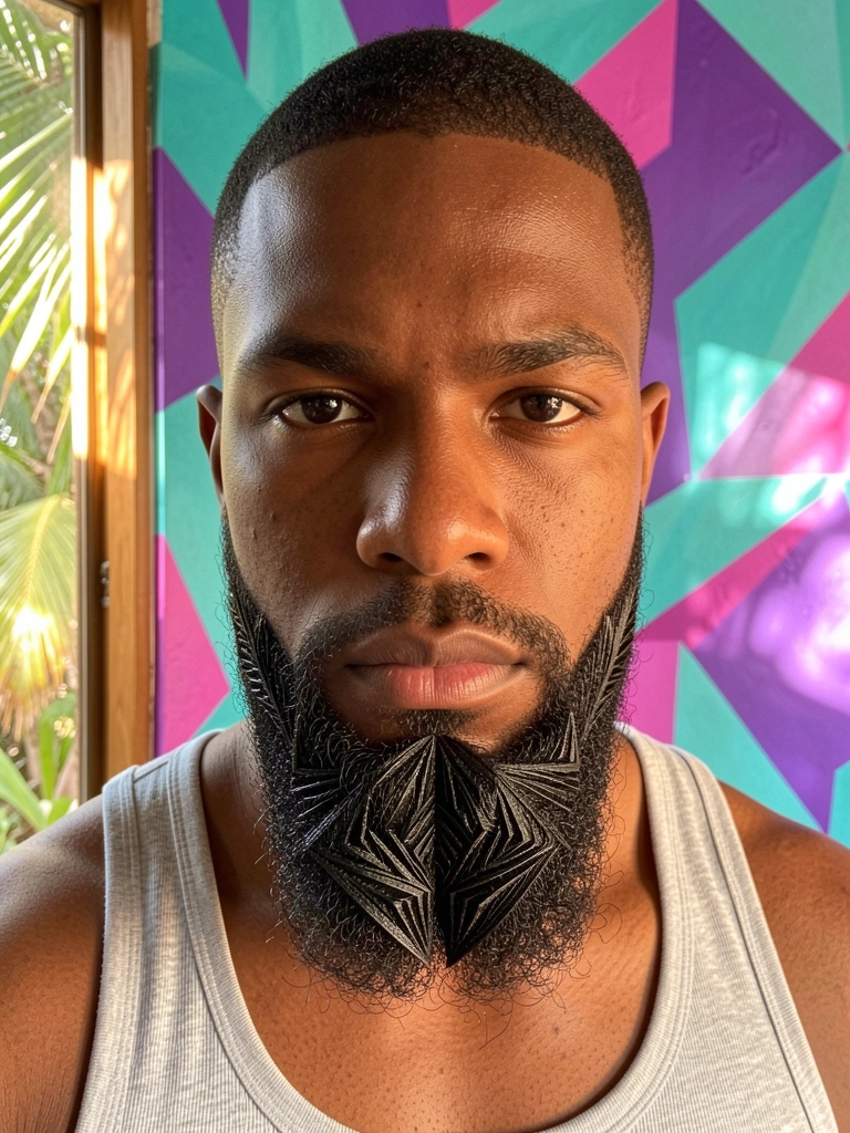 Retrato de homem negro com barba geométrica detalhada, camiseta cinza, parede vibrante em roxo, teal e rosa, luz natural difusa.