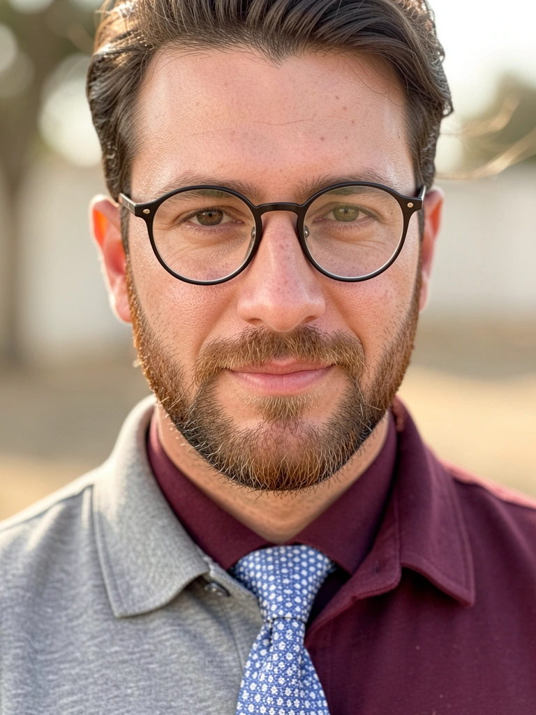 Homem de barba e bigode aparados, camisa polo cinza, óculos redondos e gravata azul e branca, fundo levemente desfocado com luz natural.