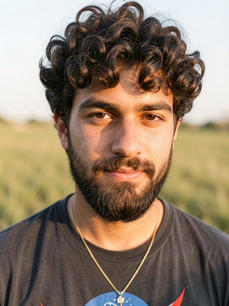 Retrato masculino jovem com cabelo cacheado escuro e barba definida, camiseta da NASA, colar de ouro fino, luz natural suave sobre fundo de campo desfocado.