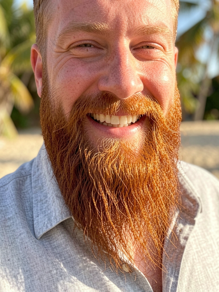 Homem de rosto redondo com barba ruiva espessa e vertical, camisa cinza clara, luz natural suave e fundo desfocado com tons tropicais.