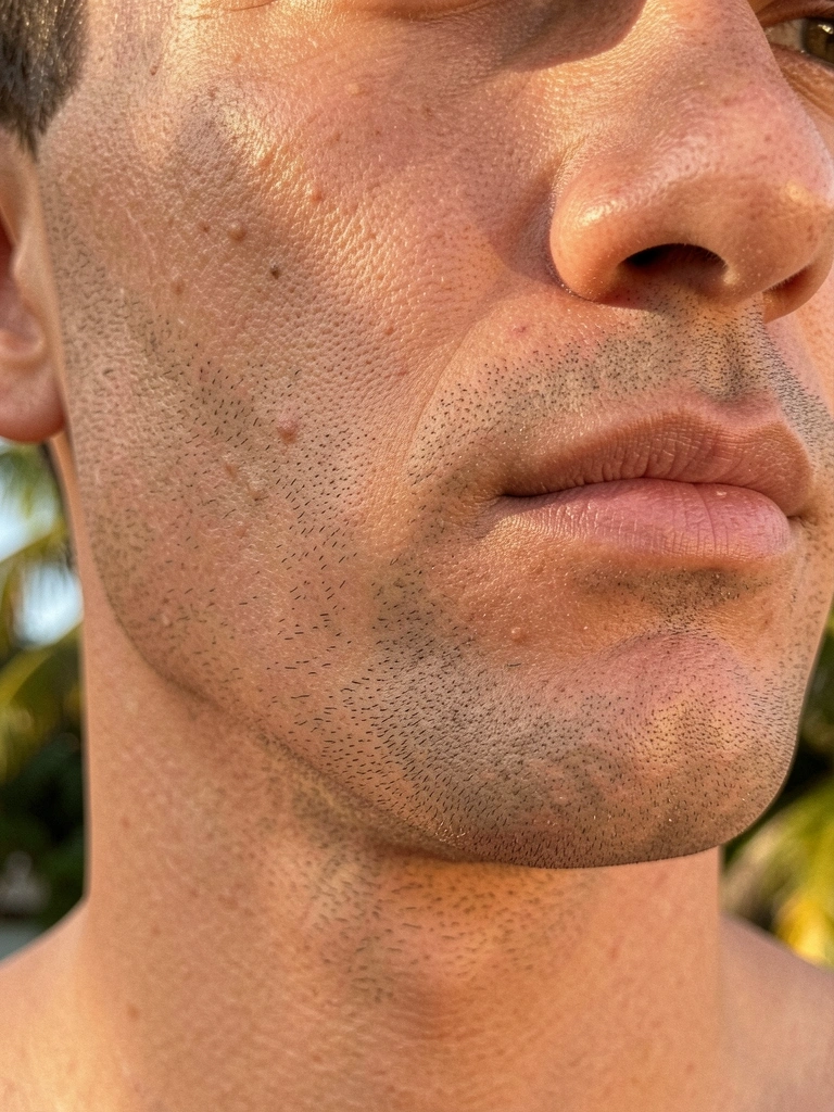 Close-up de rosto masculino com maxilar quadrado definido, iluminado por luz natural suave em tons dourados, com textura de pele realista e fundo levemente desfocado com luz tropical.