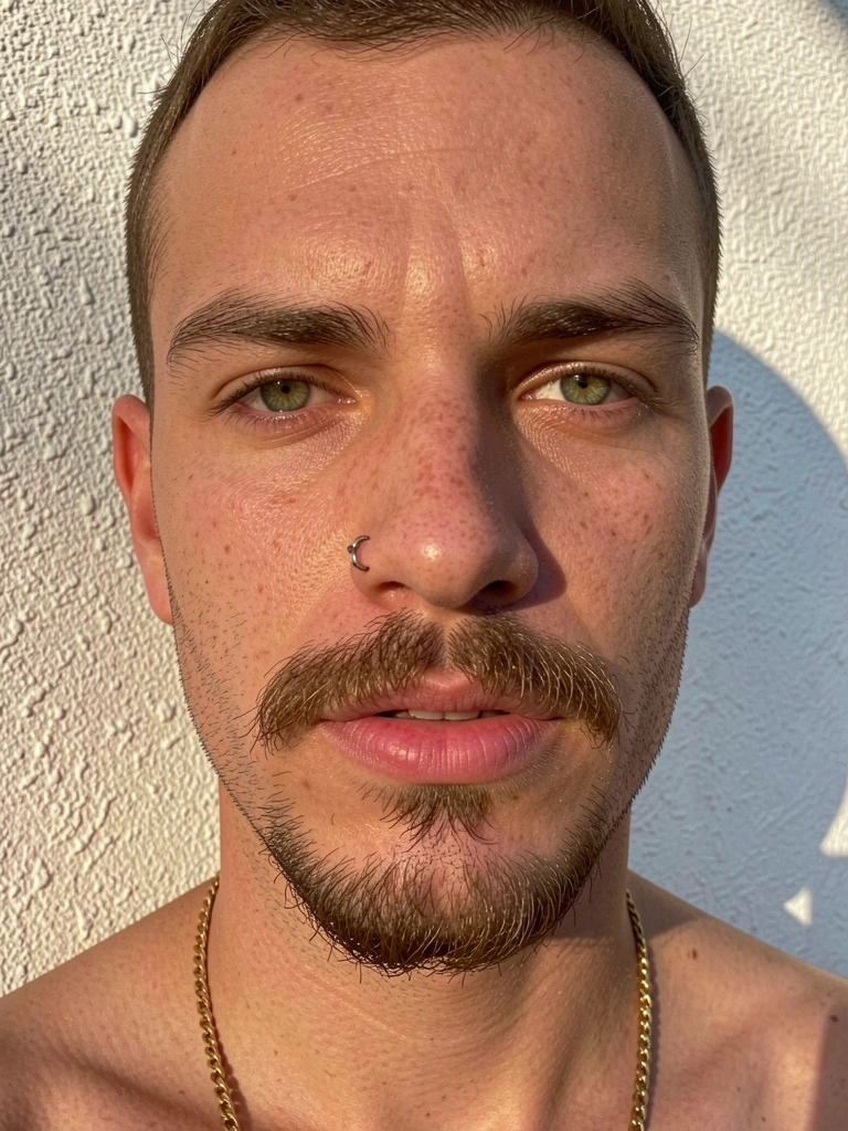 Homem de olhos verdes, bigode e cavanhaque, brinco na sobrancelha e corrente dourada, luz natural em parede texturizada.