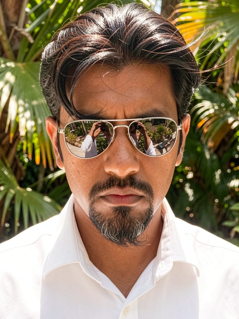 Homem de cabelo escuro com óculos de sol de armação prateada e camisa social branca, barba bem cuidada, luz natural filtrada por folhas ao fundo.