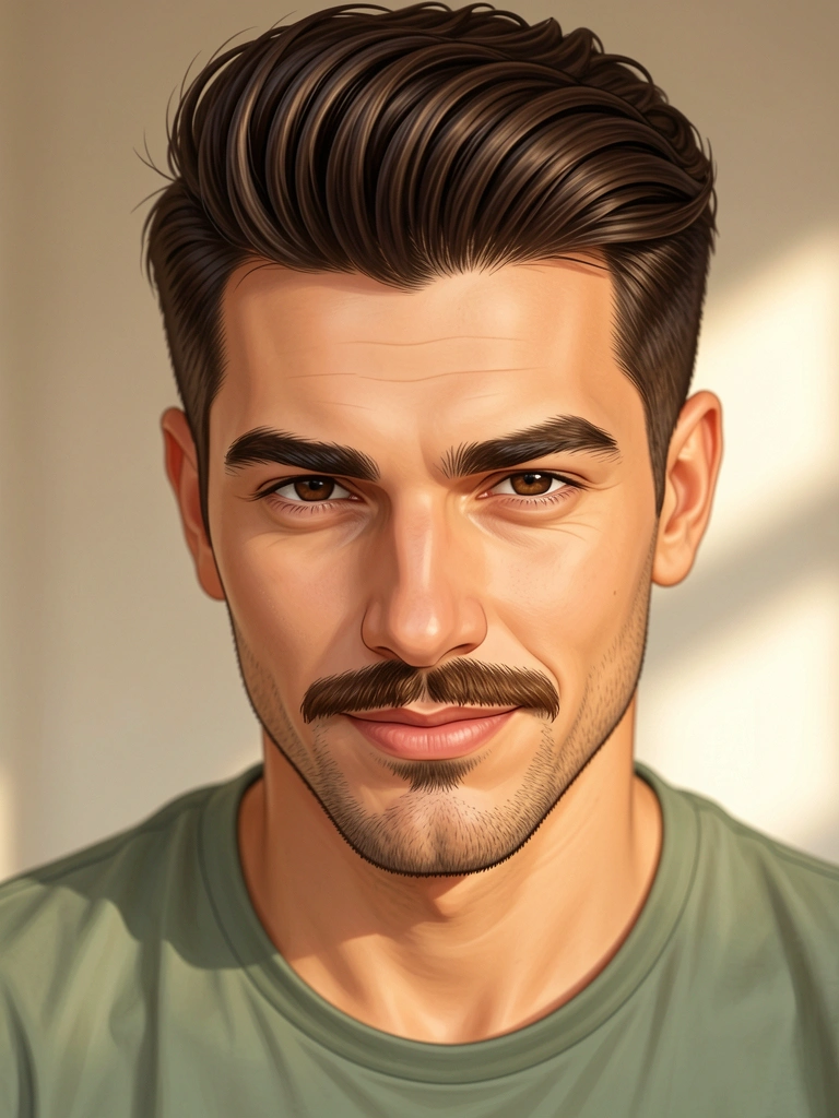 Homem de cabelo castanho escuro em topete moderno, bigode aparado e camiseta verde-musgo, luz natural com fundo neutro desfocado.