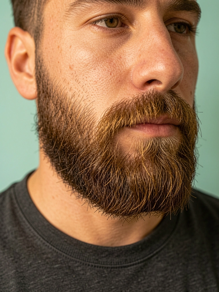 Close-up de barba quadrada espessa e bem aparada, com textura e variações sutis de cor, iluminada por luz natural difusa sobre fundo teal fosco.