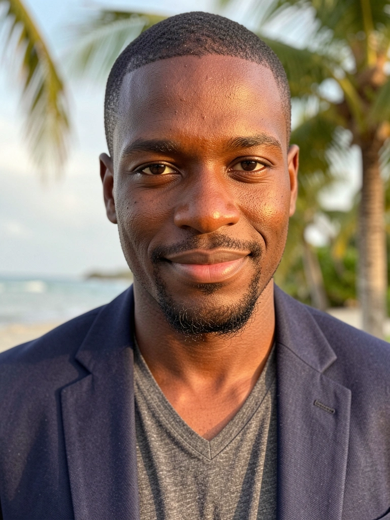 Homem negro com barba aparada e sorriso sutil, blazer azul-marinho e camiseta cinza, luz natural difusa e fundo tropical desfocado.