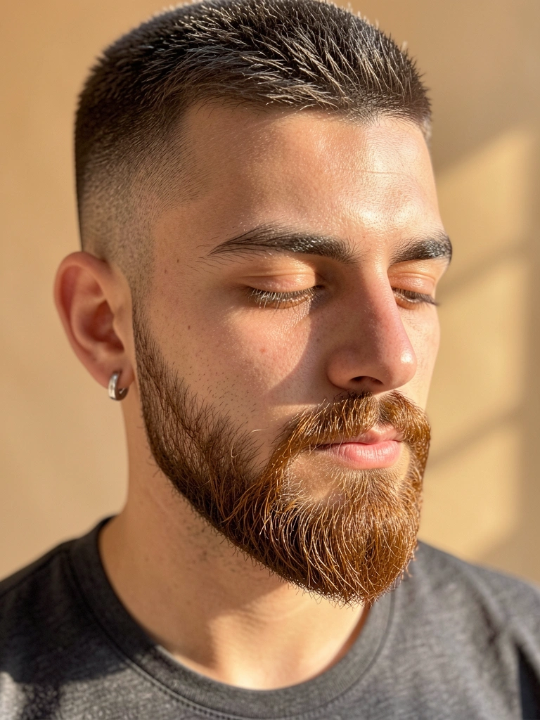 Jovem com barba Van Dyke castanha e cabelo texturizado, camiseta cinza escura e brinco prateado, iluminação difusa em estúdio.