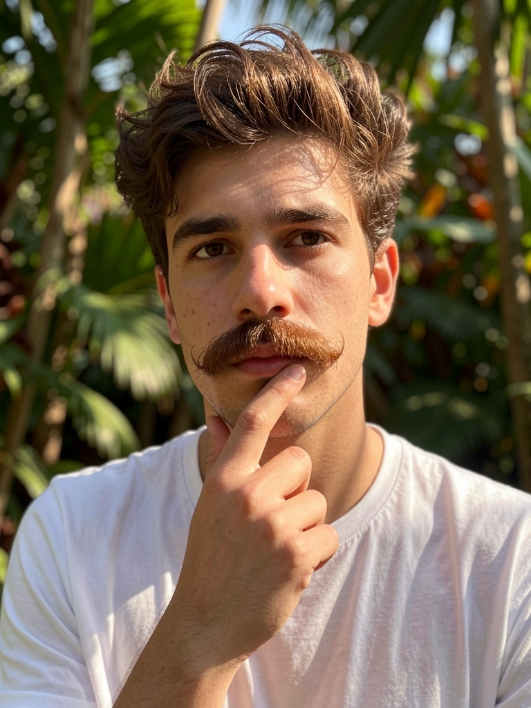 Jovem de cabelo castanho e bigode, dedo no queixo, camiseta branca, luz natural filtrada por folhagens.