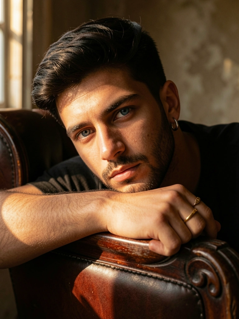 Jovem de barba e olhos azuis encosta o queixo no braço escuro de poltrona vintage, luz quente de janela destaca textura da pele e do estofado.