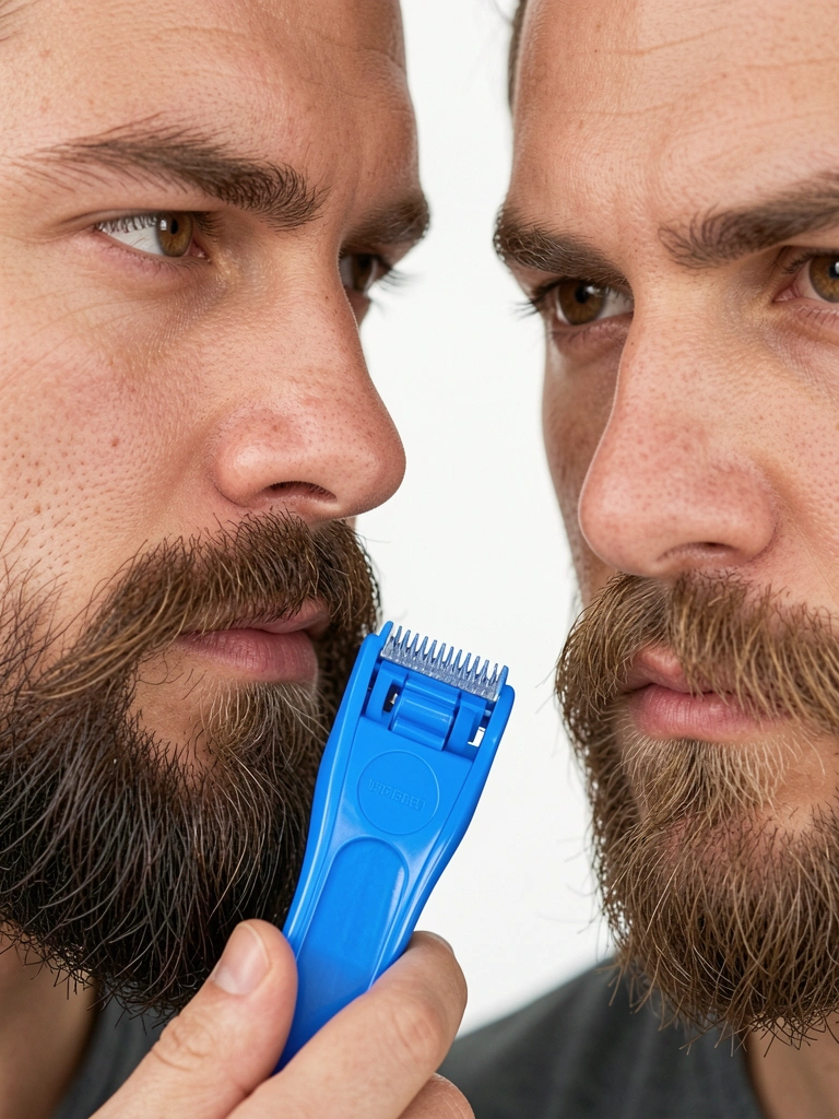 Close-up de dois homens com barbas cuidadas, um usando aparador de plástico azul, fundo branco e luz difusa.
