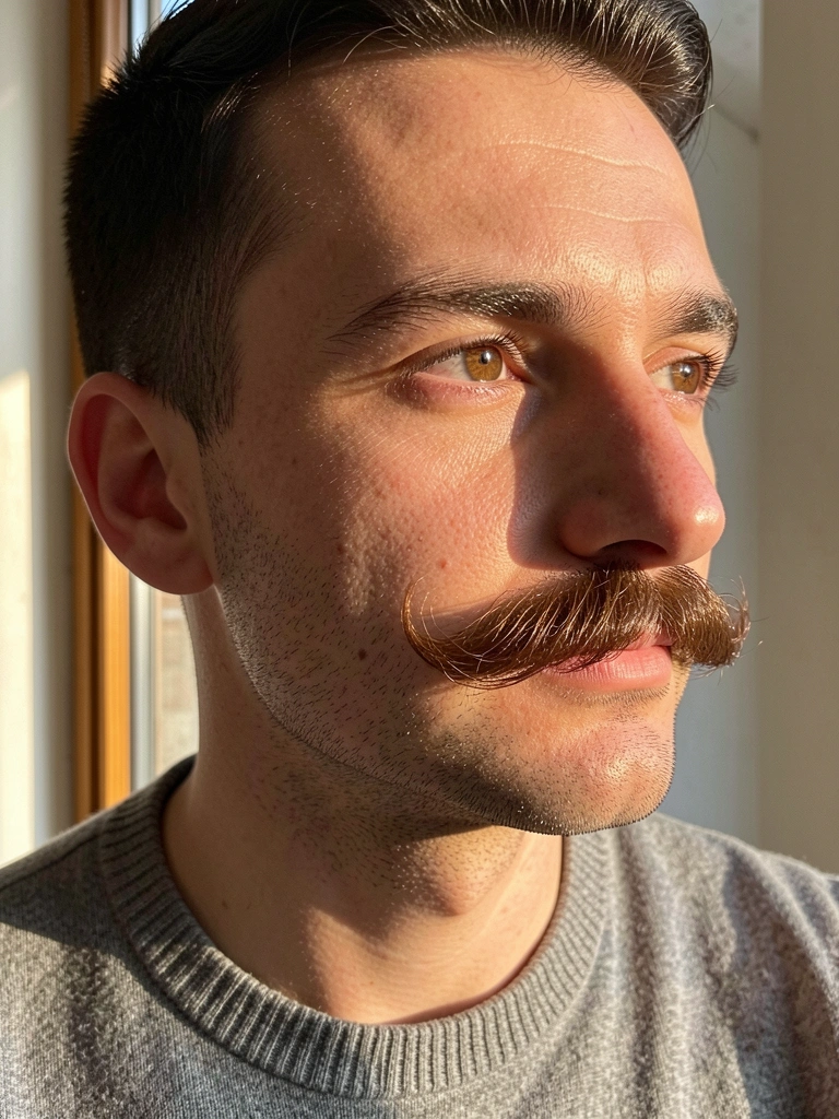 Homem com bigode espesso e suéter cinza, iluminado por luz natural suave que realça a textura da pele e os detalhes faciais.