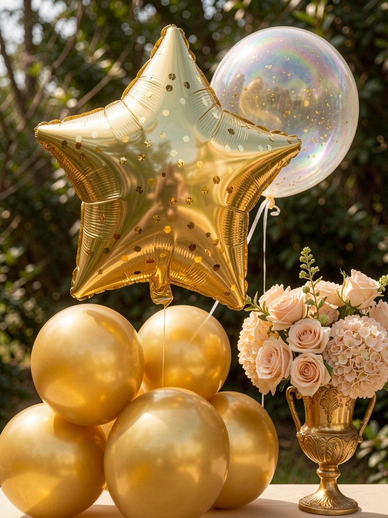 Balão estrela dourado com confete flutuando sobre balões redondos, arranjo floral blush em vaso dourado vintage, luz natural.