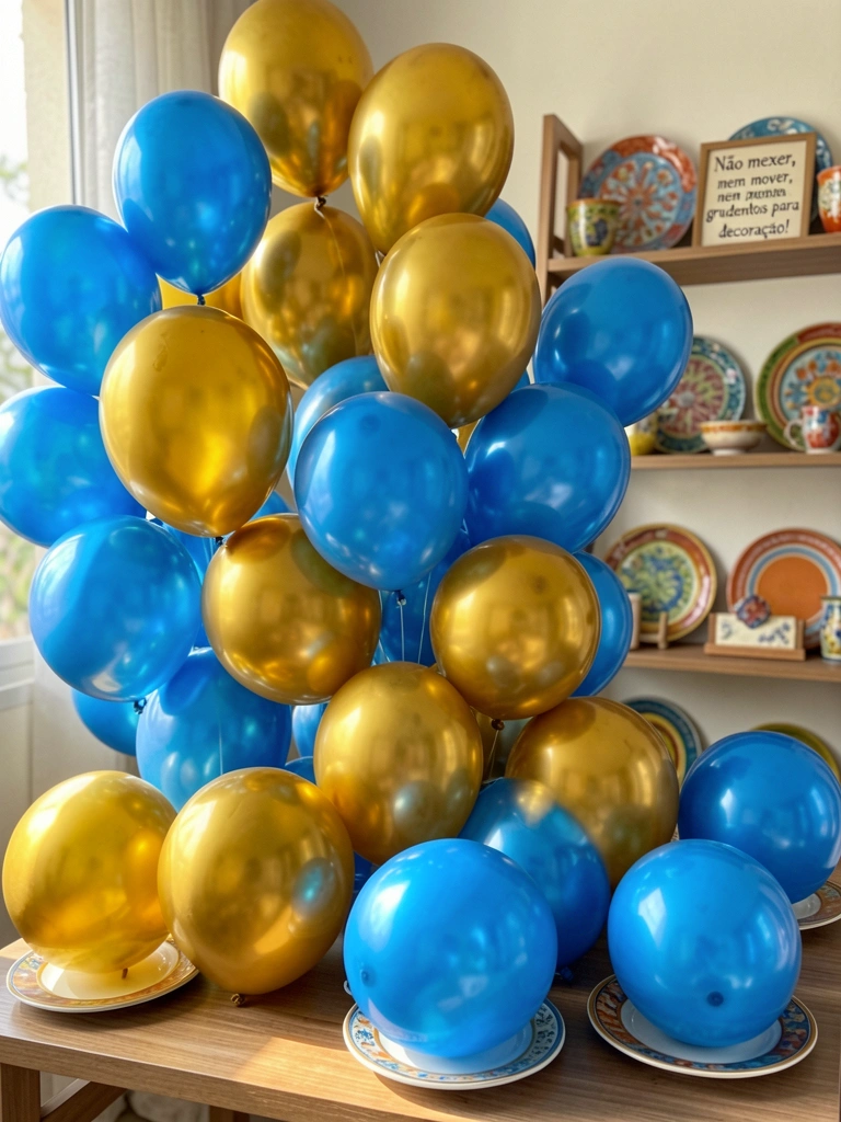 Balões azuis iridescentes e metálicos dourados em arranjo central sobre pratos decorativos, prateleira com louças e placa 