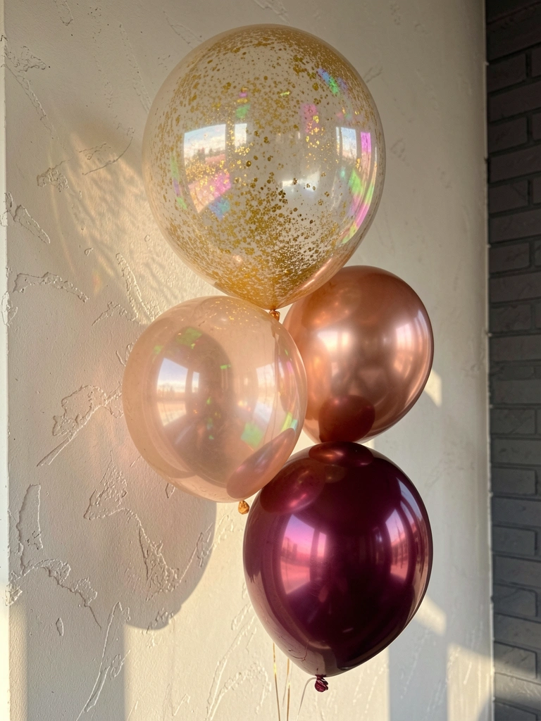Balões iridescentes dourados, rosa e vinho pendurados em coluna vertical contra parede texturizada off-white, luz natural criando sombras suaves.
