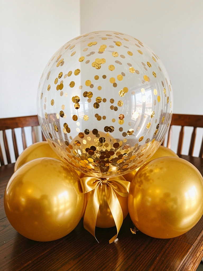 Balão transparente com confete dourado e laço de fita sobre mesa escura, balões dourados ao redor, luz natural suave.