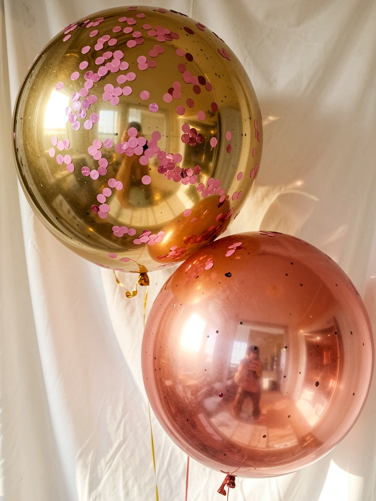 Balões dourados e rosé com confetes brilhantes sobre tecido branco, luz natural suave.