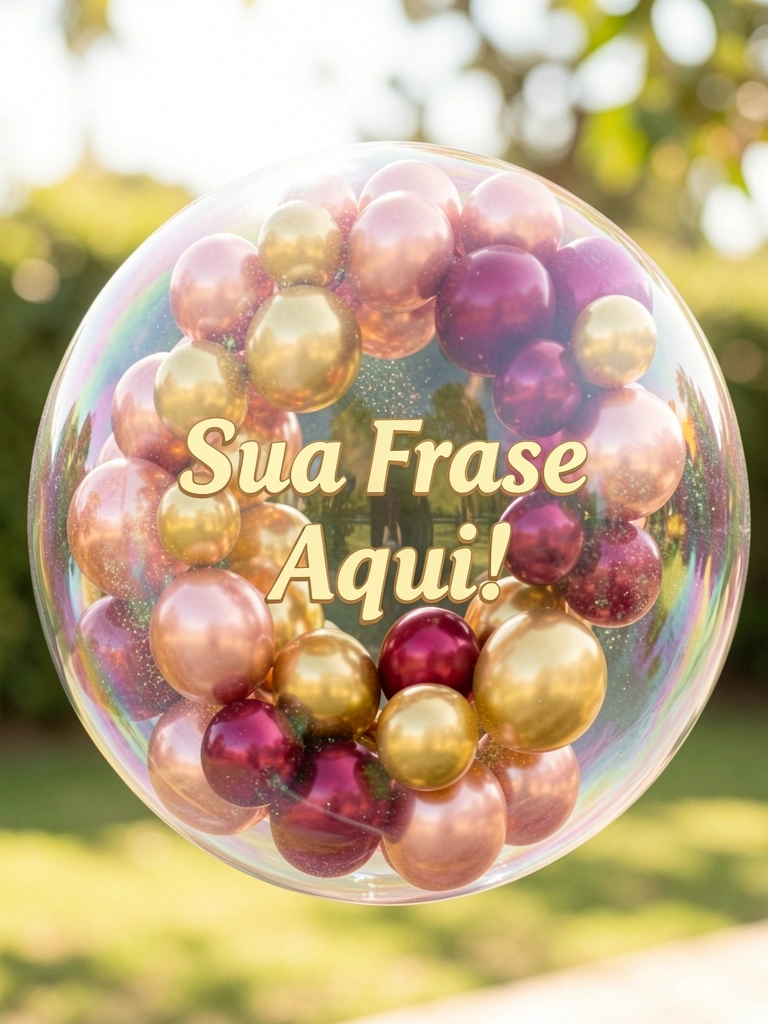 Bolha iridescente com balões metálicos dourados, rosê e vinho formando um arranjo em cascata, luz natural externa e fundo desfocado.