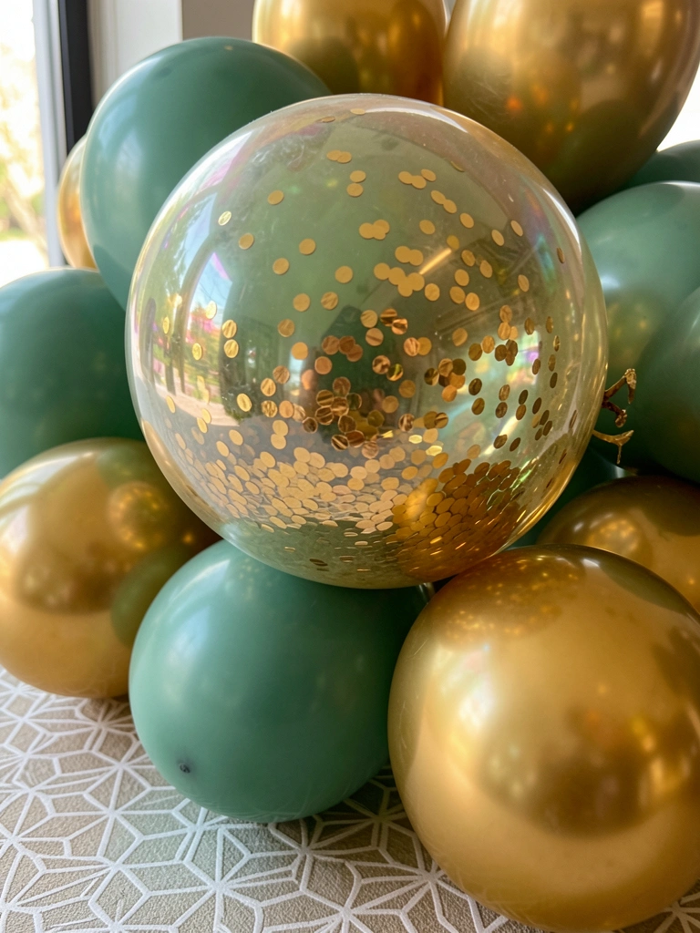 Balão bolha iridescente com confete dourado sobre balões verdes e dourados, superfície geométrica e luz natural suave.