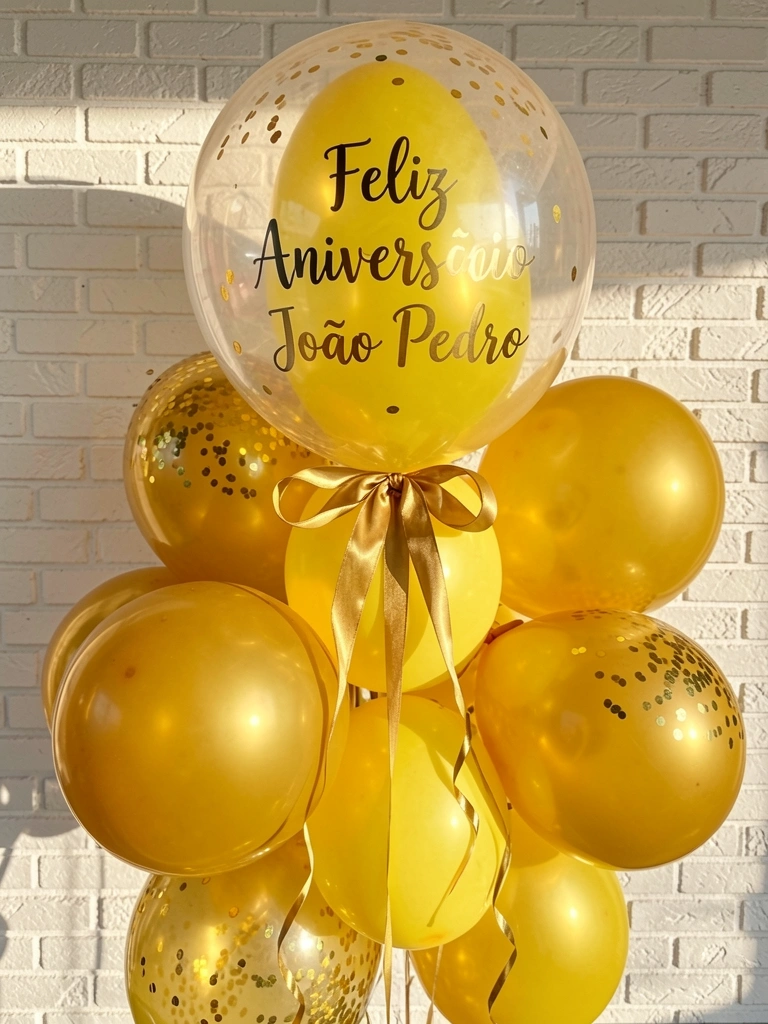 Balões amarelos com confete dourado e laço de cetim, balão transparente com mensagem 
