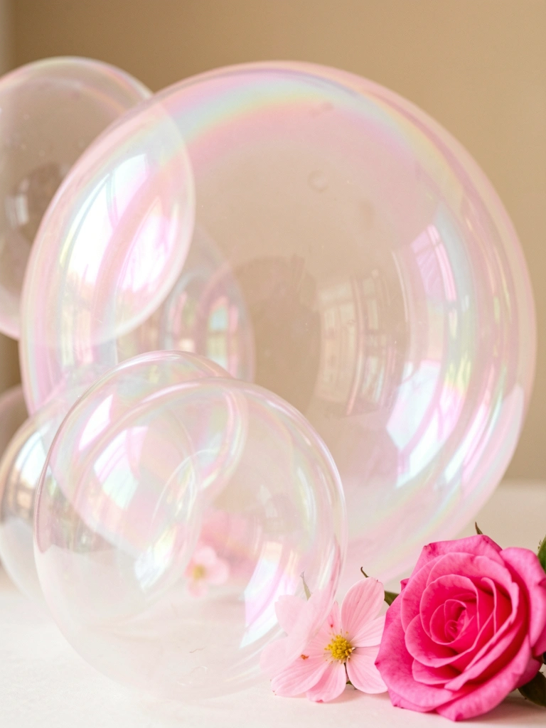 Balões iridescentes transparentes de vários tamanhos, um parcialmente inflado, com uma rosa rosa e uma flor delicada ao lado, fundo desfocado neutro.