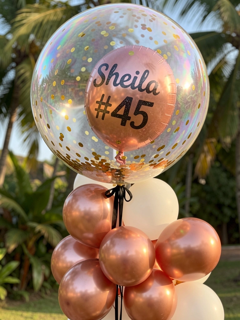 Balão bolha transparente com confete dourado e balão menor rosa com nome 