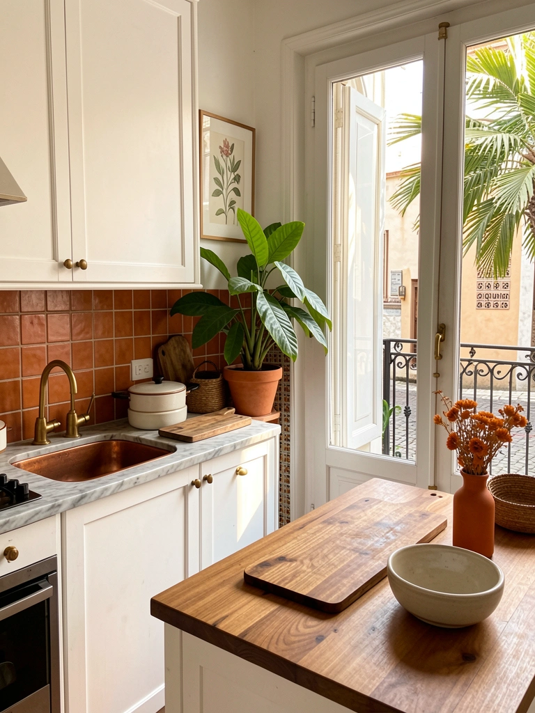 Mármore branco, pia de cobre e azulejos terracota em cozinha com luz natural filtrada por janela de vidro e ferro.