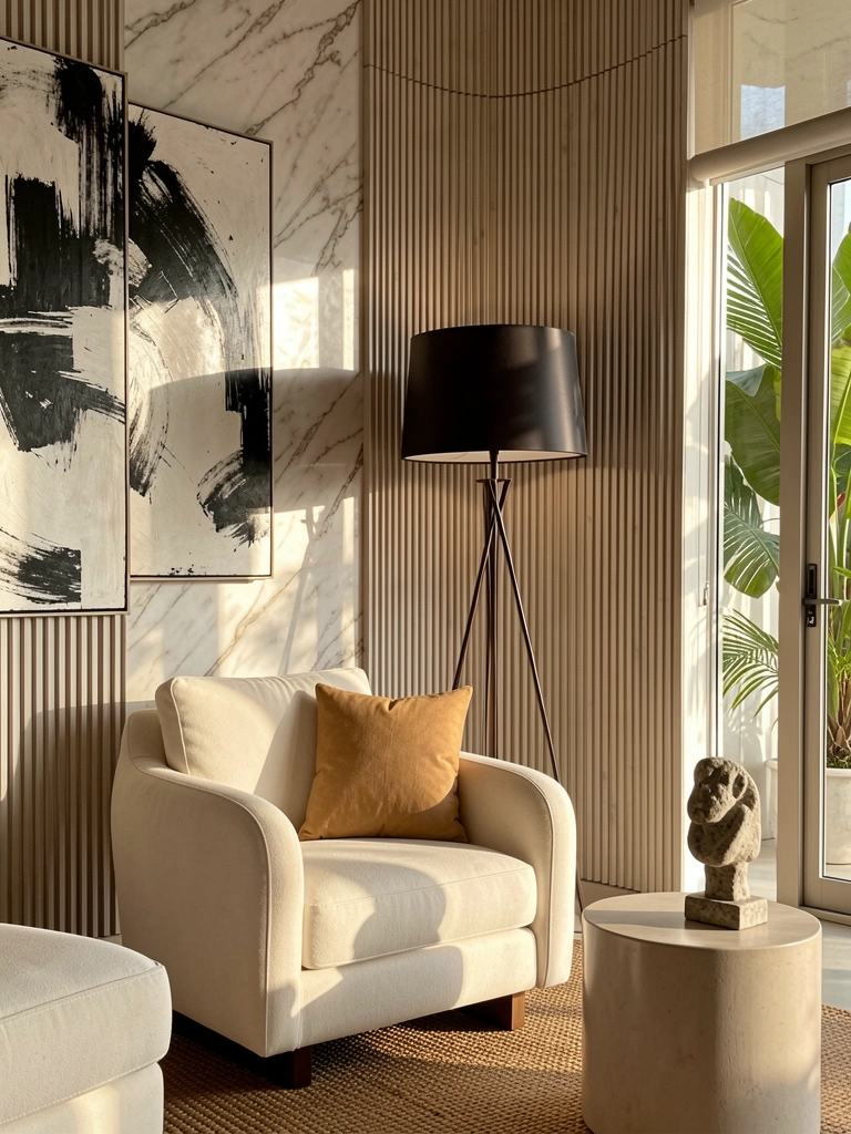 Parede texturizada com painéis canelados e padrão de mármore, luminária escura ao lado de poltrona creme e almofada bege, luz natural filtrada por janela.