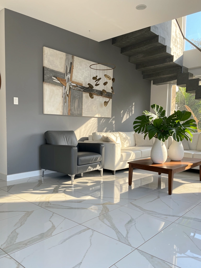 Piso de mármore branco reflete luz natural em sala com sofá branco, poltrona cinza escura e vasos com plantas tropicais.