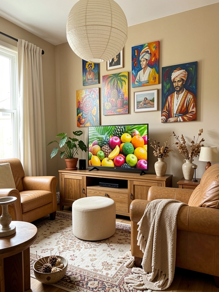 Sala com cômoda de madeira, TV preta exibindo frutas tropicais, pinturas abstratas na parede e luminária de papel pendente.