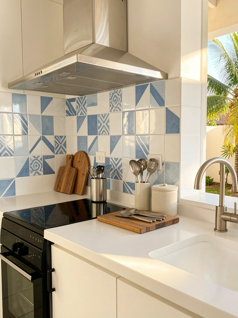 Cozinha branca com backsplash de azulejos geométricos azuis e brancos, cooktop preto, utensílios de aço inoxidável e tábua de madeira sob luz natural.
