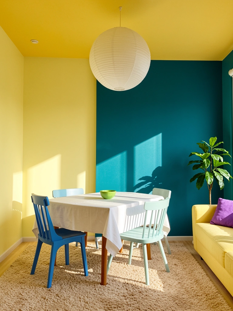 Luminária de papel branca pendurada no teto amarelo, parede em gradiente amarelo-azul, mesa de madeira com toalha branca e cadeiras azuis, tapete bege felpudo e vaso de planta no canto, luz solar destacando texturas.
