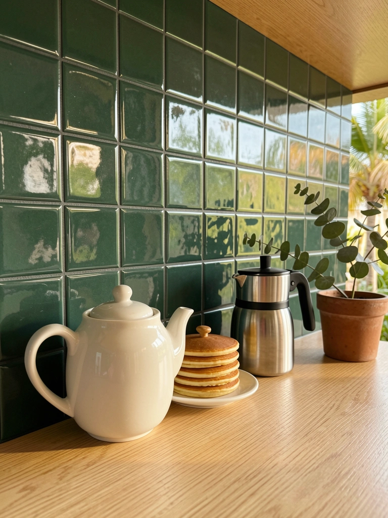 Azulejos verdes escuros refletem a cozinha, com bule de cerâmica, pilha de panquecas e cafeteira de aço sobre bancada de madeira clara, vaso de eucalipto ao lado, luz natural.