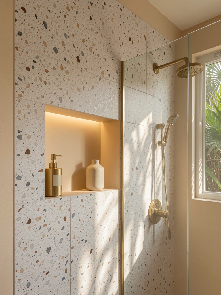 Parede de terrazzo irregular com nicho iluminado, saboneteira dourada e vidro refletindo a luz suave.