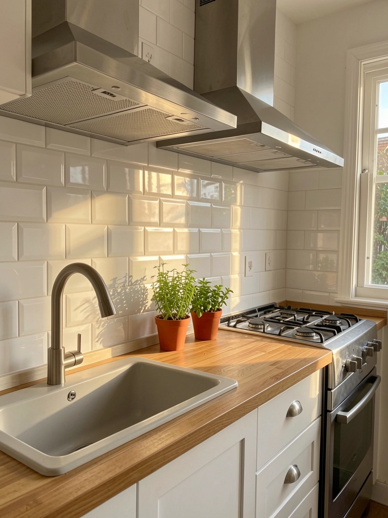 Luz natural incide sobre bancada de madeira com vasos de ervas, azulejos brancos e coifa de aço inox.