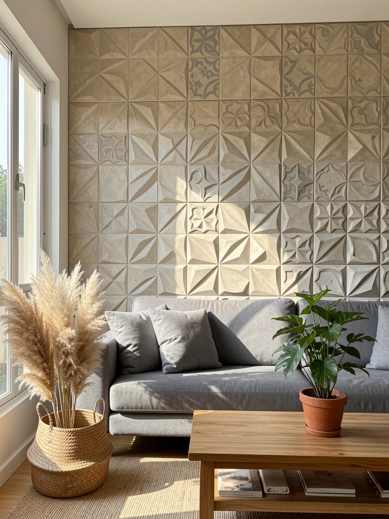 Painel 3D bege e cinza com padrão geométrico, sofá cinza, mesa de madeira com pampas secos e vaso, luz natural.