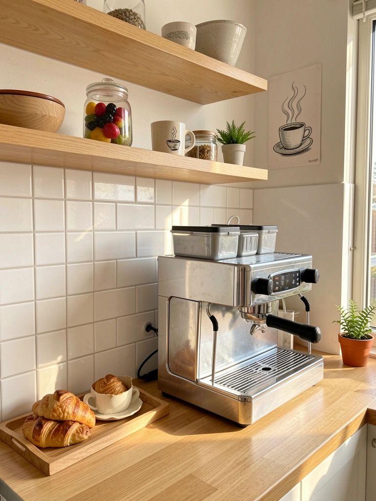 Azulejos brancos, prateleiras de madeira clara com jarro de vidro com frutas, xícara cerâmica com desenho de café e máquina de espresso cromada.