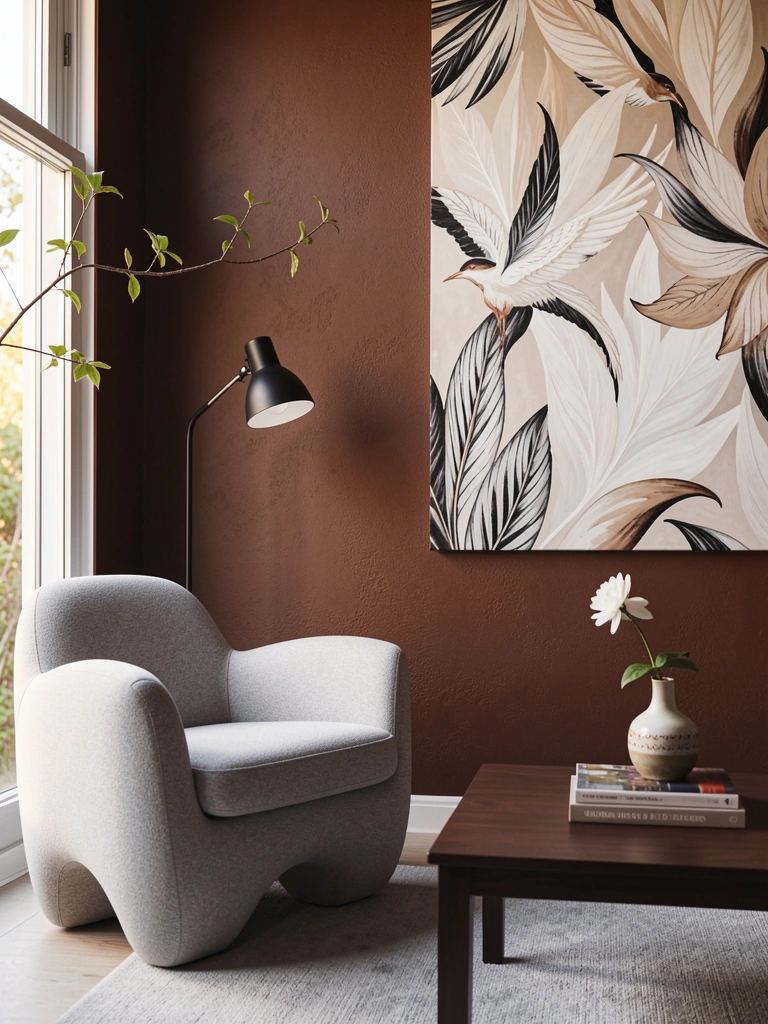 Parede marrom escura texturizada com pintura abstrata em branco, bege e preto. Mesa de centro de madeira escura com livros empilhados e vaso com flor branca. Poltrona cinza claro e abajur preto ao lado, luz natural.