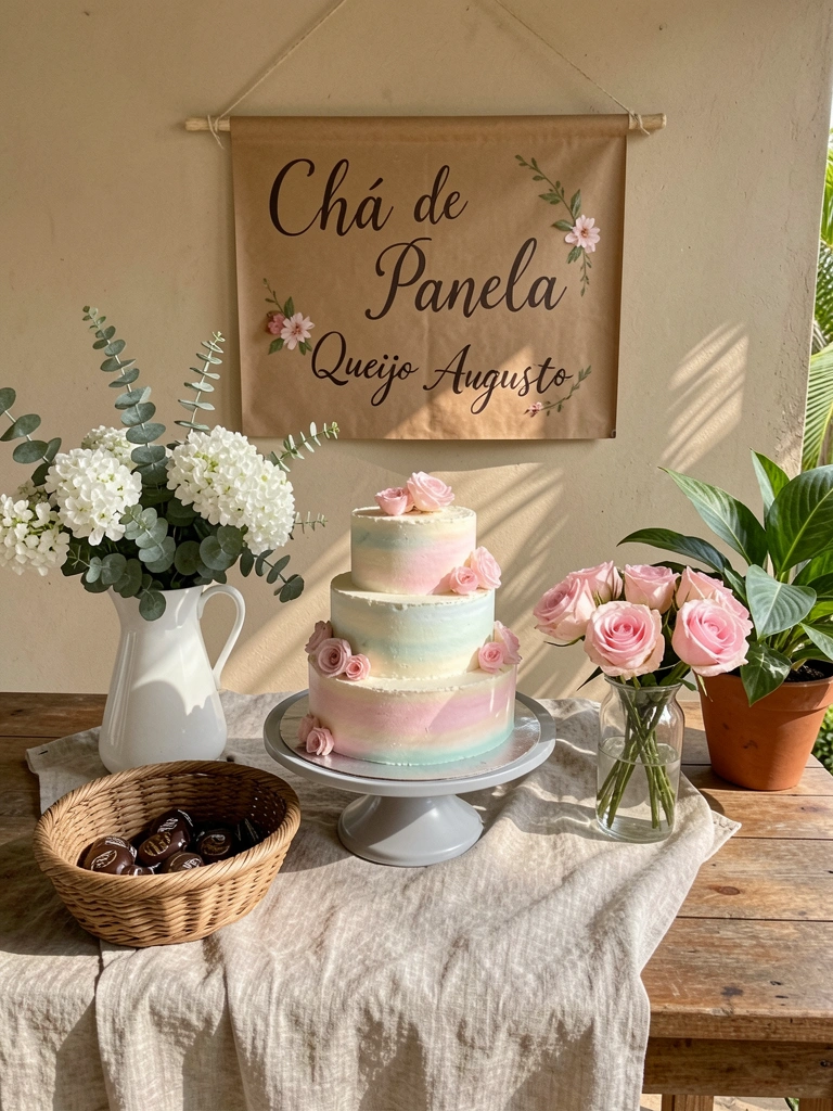 Bolo de casamento pastel com flores rosas em suporte cinza, cesta de vime com chocolates, jarro de cerâmica com flores brancas e banner 