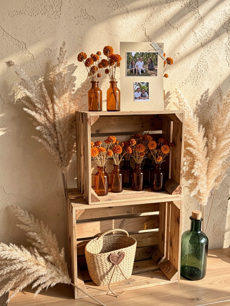 Caixotes rústicos empilhados sobre parede bege texturizada, com vasos âmbar, flores secas laranjas e plumas de capim-dos-pampas espalhadas, luz natural quente.