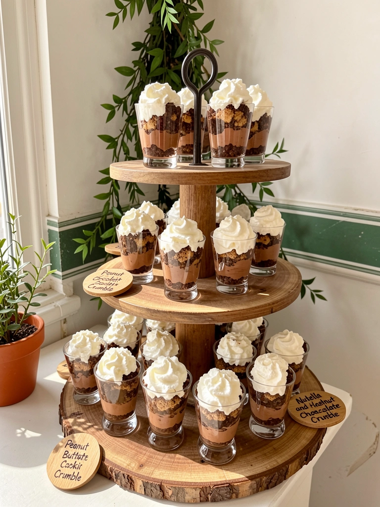 Bandeja de madeira rústica com taças de parfait de chocolate mousse, cobertas com chantilly, e letreiros de madeira sobre fundo de parede branca com listra verde.