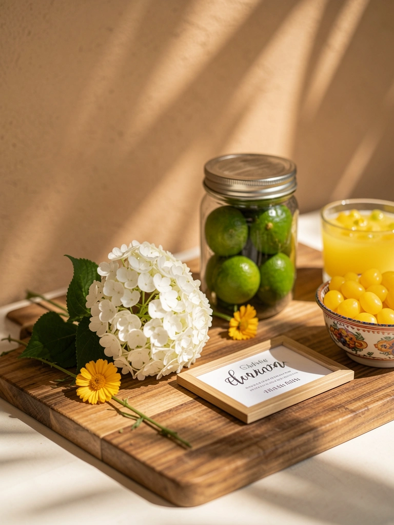 Tábua de madeira com hortênsia branca, flor amarela, pote de limas e copo de suposição amarela, parede clara e luz tropical.