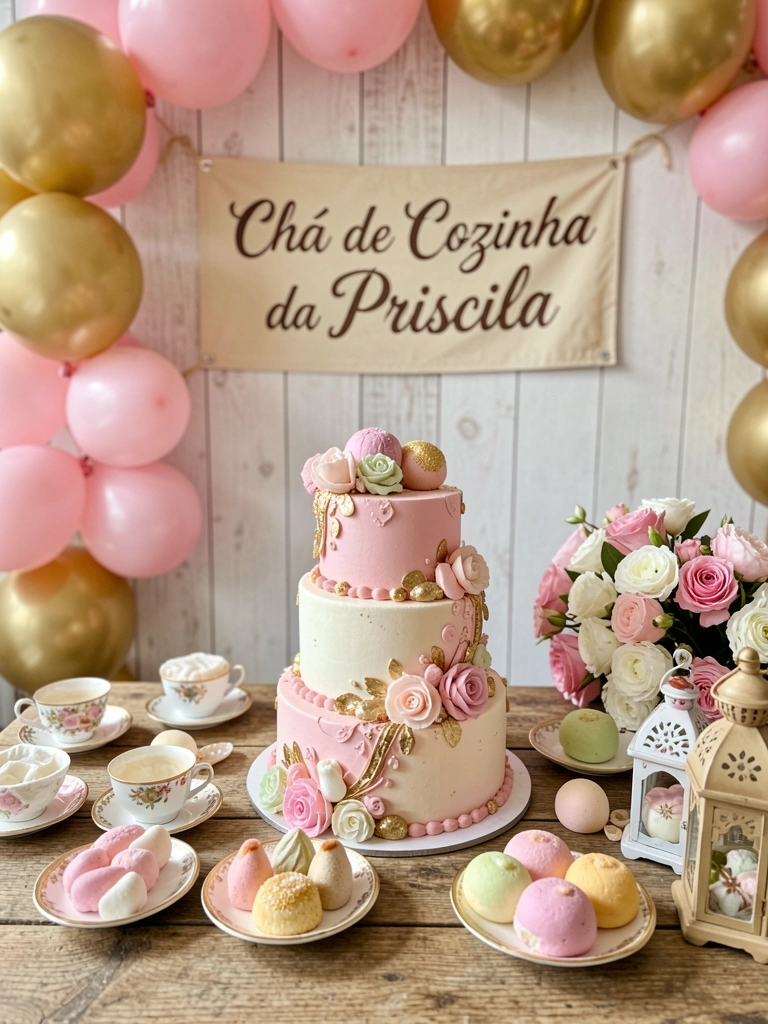 Primeiro plano de bolo decorado com detalhes rosa e dourado, cercado por doces pastéis, xícaras miniatura e lanterninha, sobre mesa rústica de madeira com parede de tábuas caiadas e balões rosa e dourados ao fundo.